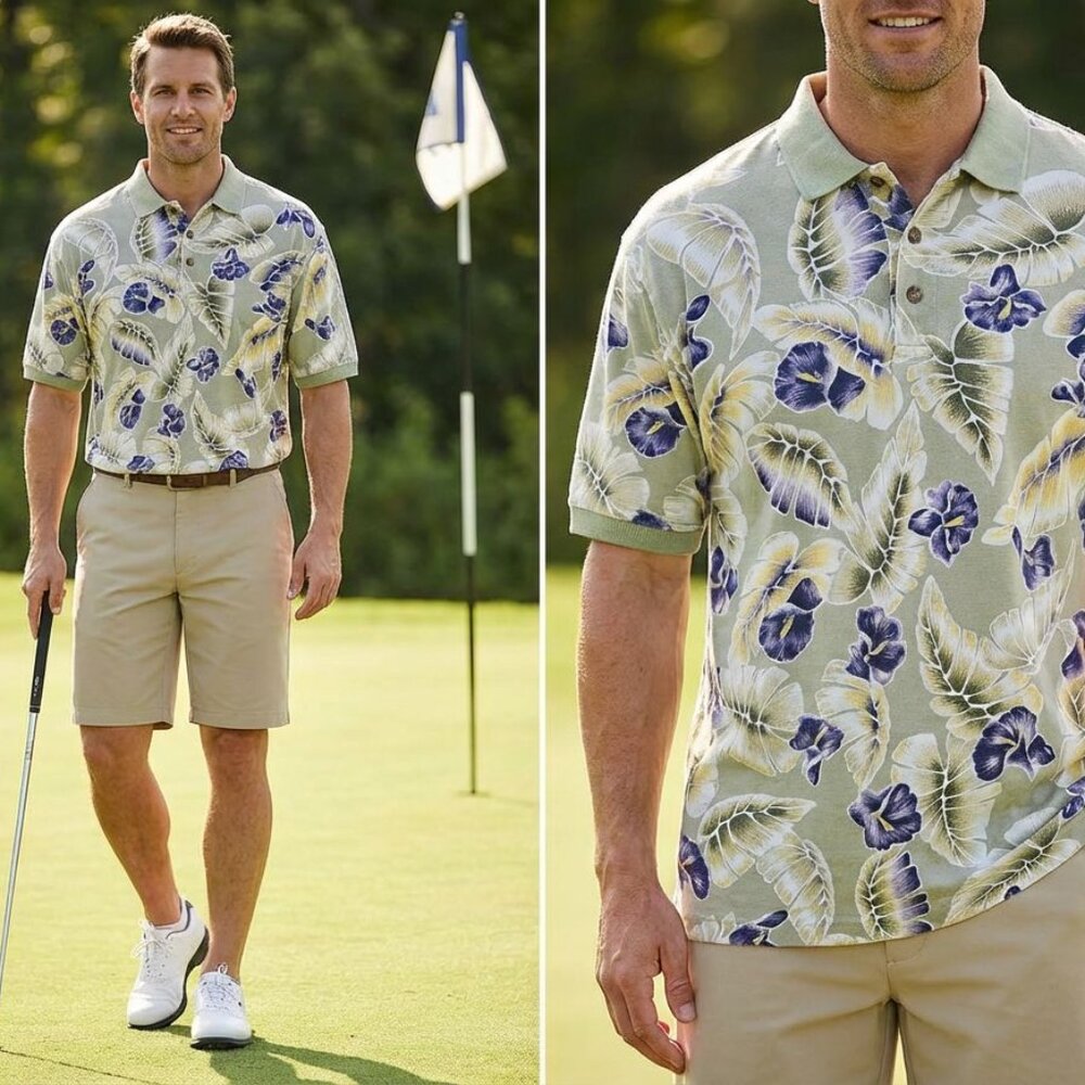 Golf Polo Mens Large Floral Short Sleeve Cotton Beige Casual Comfort